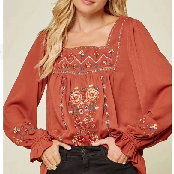 Savanna Jane Women’s Terracotta Embroidered Babydoll Rust Blouse S - Picture 6 of 10